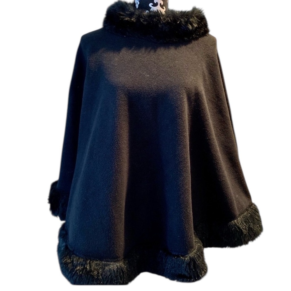 Argee  Black Poncho with faux fur neck & hem line trim, black, one size fits all